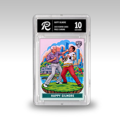 Slabbed Happy Gilmore and Bob Barker parody trading card showing their golf course fight, with a Gem Mint 10 label.