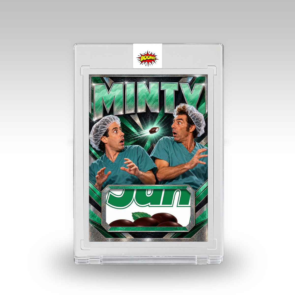 MINTY parody trading card showing Jerry and Kramer in scrubs, with a Junior Mint box patch in the feature window.