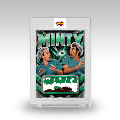 MINTY parody trading card showing Jerry and Kramer in scrubs, with a Junior Mint box patch in the feature window.